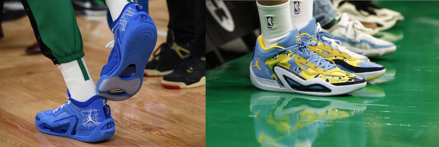 Side view of Jayson Tatum's blue and white Jordan Brand sneakers.